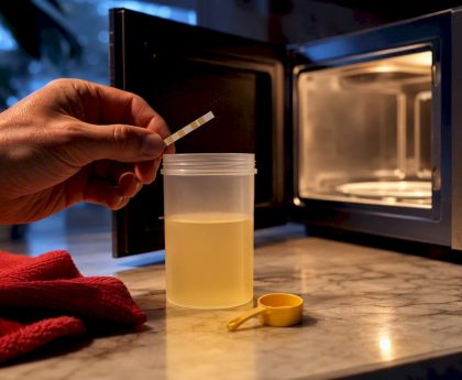 Anonymous specimen container beside microwave