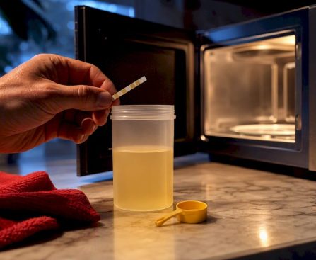 Anonymous specimen container beside microwave