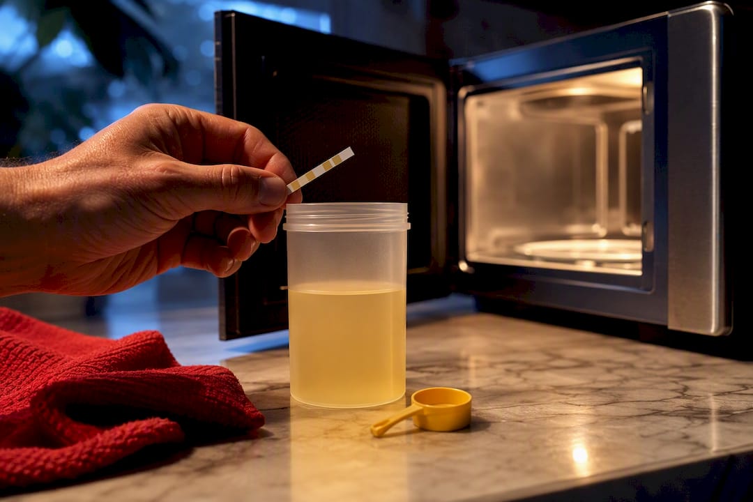 Anonymous specimen container beside microwave