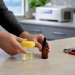 CBD bottle beside workplace test cup