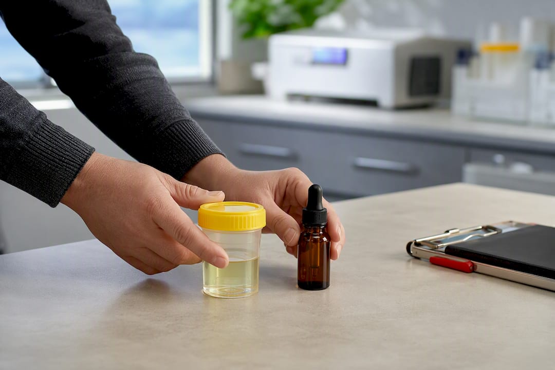 CBD bottle beside workplace test cup