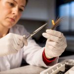 Technician collecting hair drug test sample