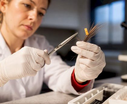 Technician collecting hair drug test sample