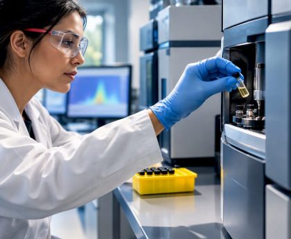 Toxicology analyst loading LC-MS/MS sample