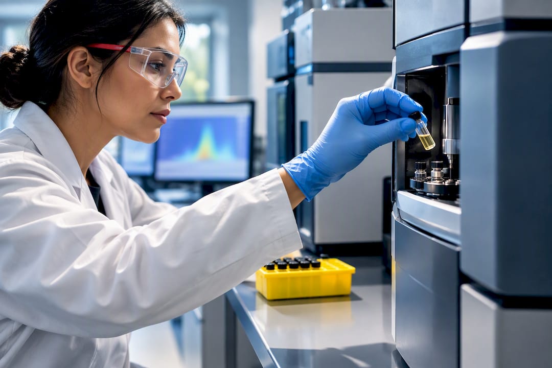 Toxicology analyst loading LC-MS/MS sample