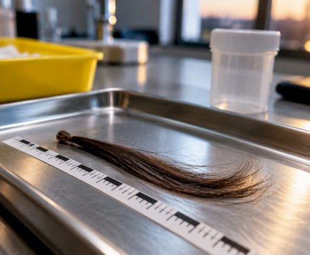 Hair sample aligned beside measurement scale