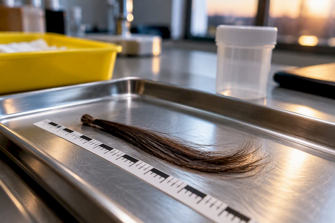 Hair sample aligned beside measurement scale