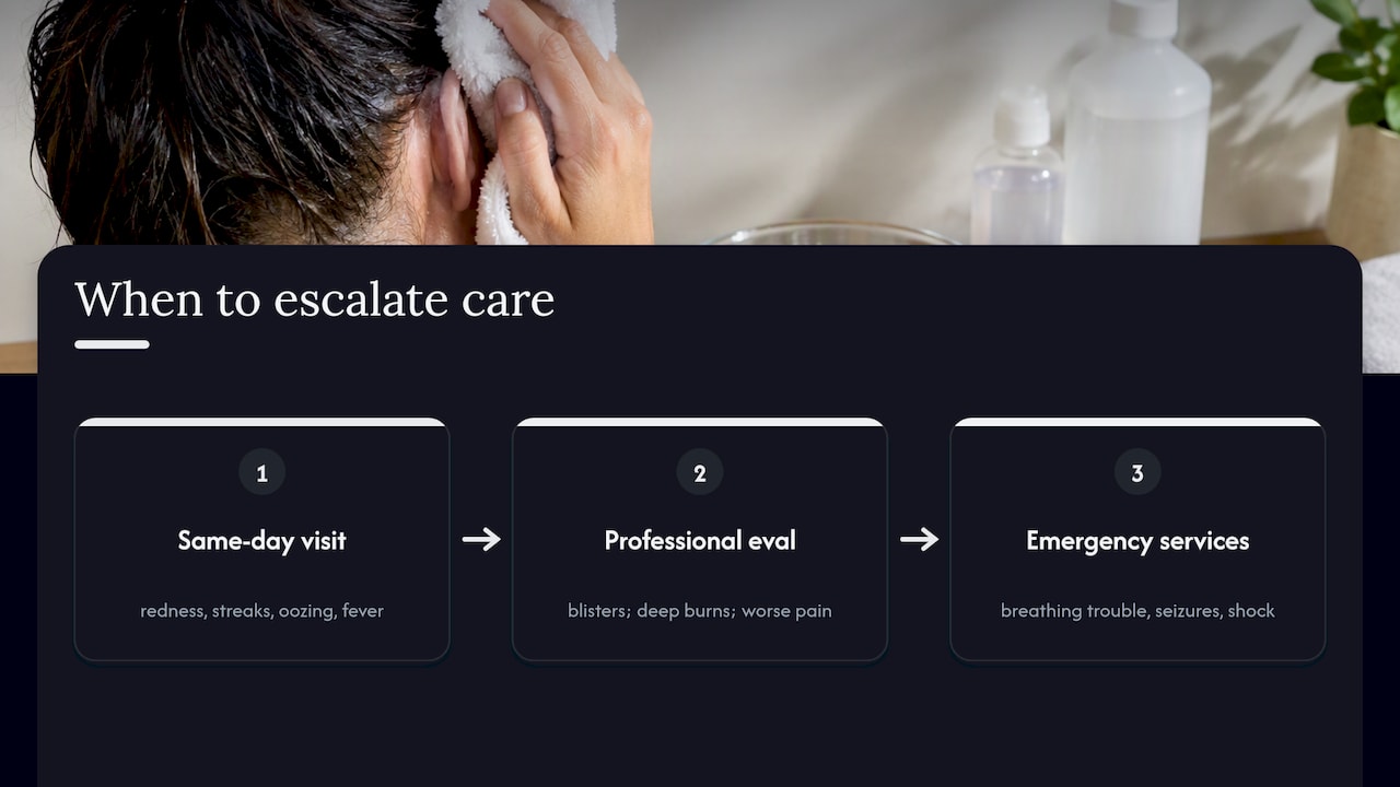 Chemical burn warning signs and care actions