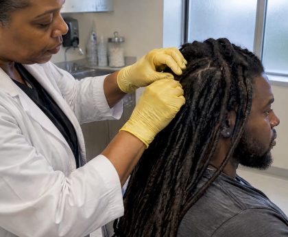 Technician examining dreadlock roots for hair testing