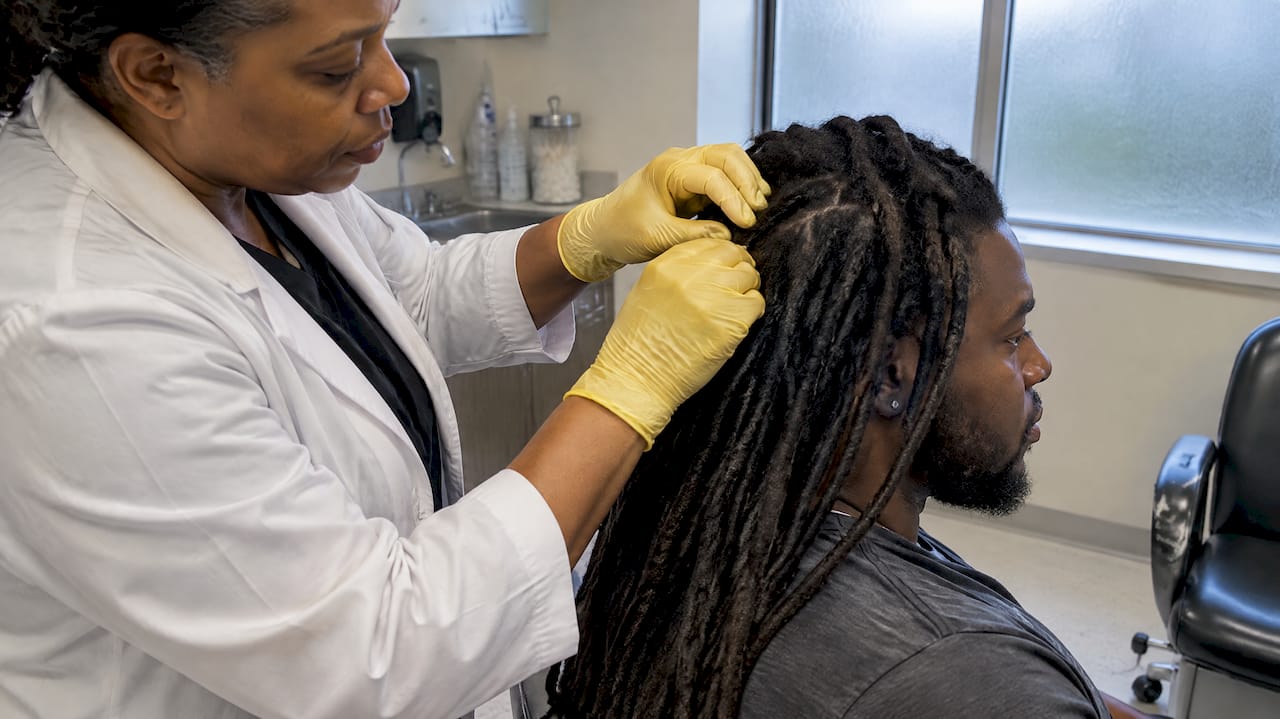 Technician examining dreadlock roots for hair testing