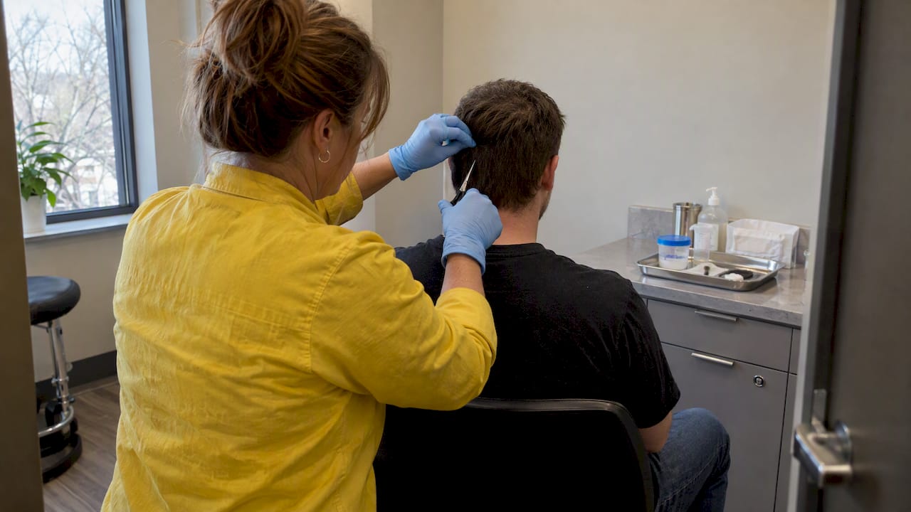 Professional collecting a hair drug test sample