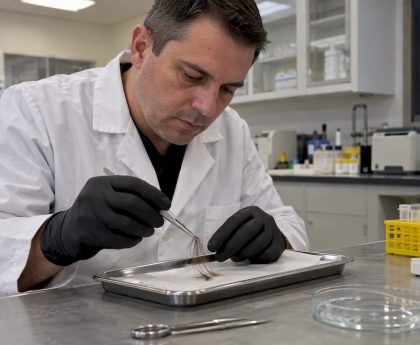 Technician preparing a hair specimen for analysis