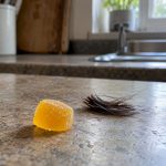 Single edible beside a clipped hair sample