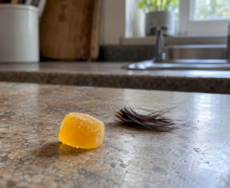 Single edible beside a clipped hair sample