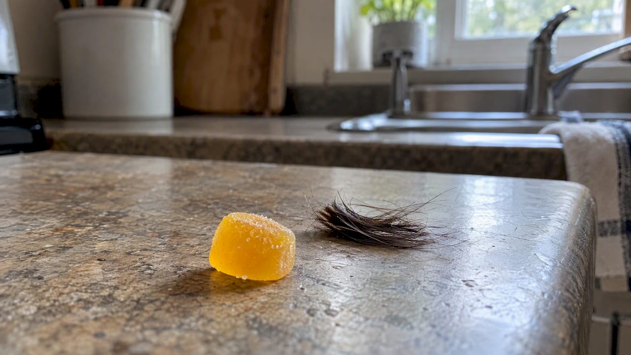 Single edible beside a clipped hair sample