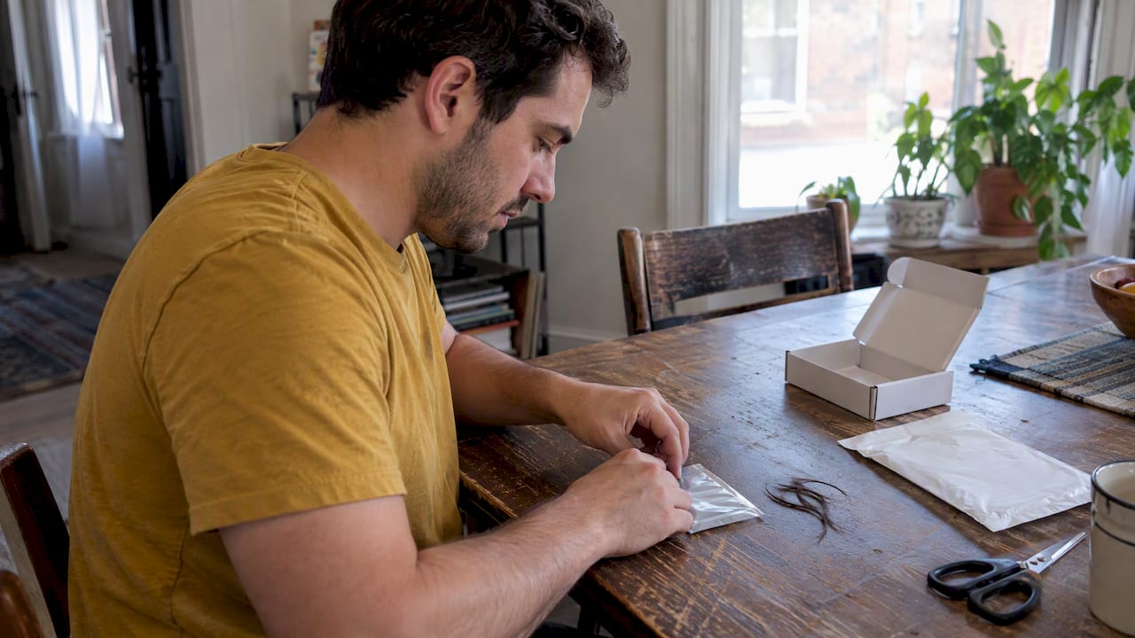 Person sealing a home hair sample kit
