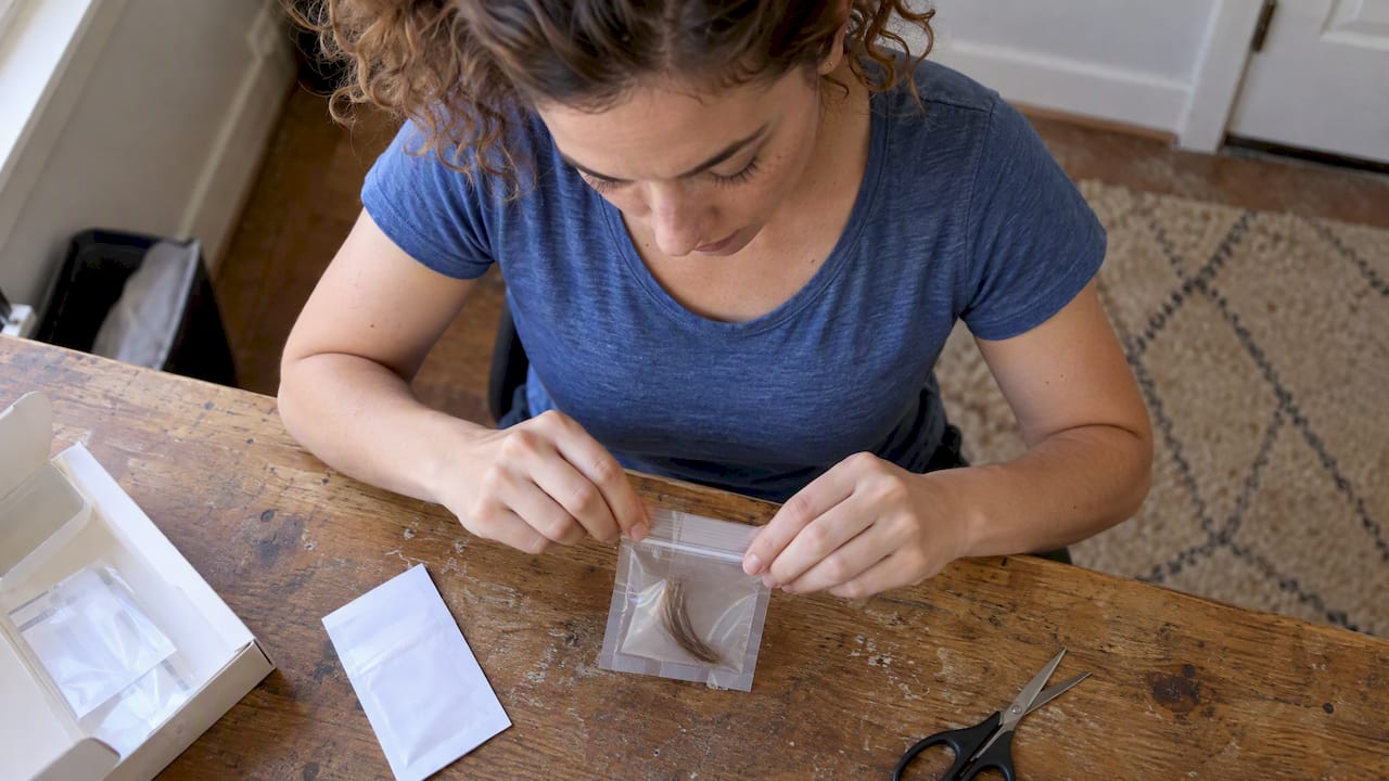Hands sealing a hair sample for mailing