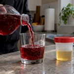 Cranberry juice beside a urine test cup