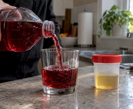 Cranberry juice beside a urine test cup