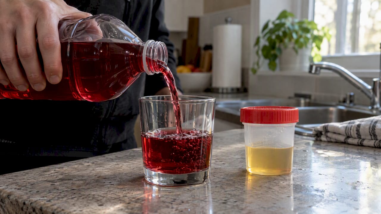 Cranberry juice beside a urine test cup