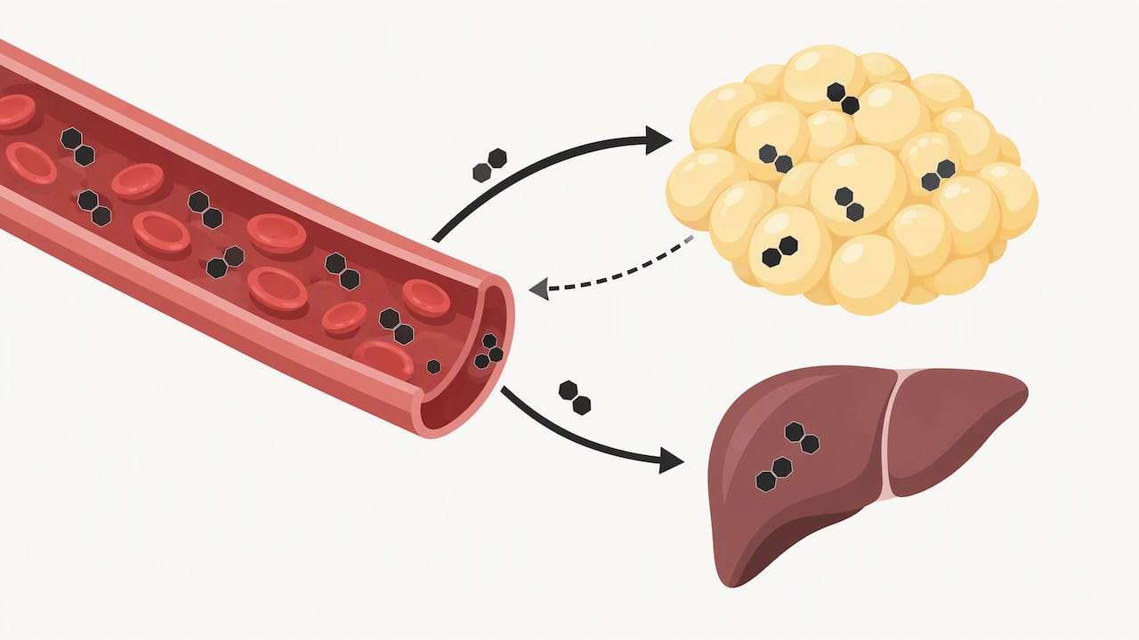 THC moving between blood, fat tissue, and liver
