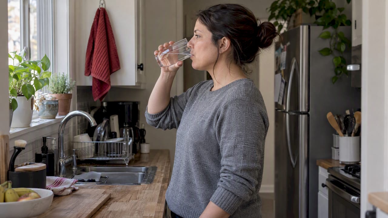 Woman drinks water before urine test