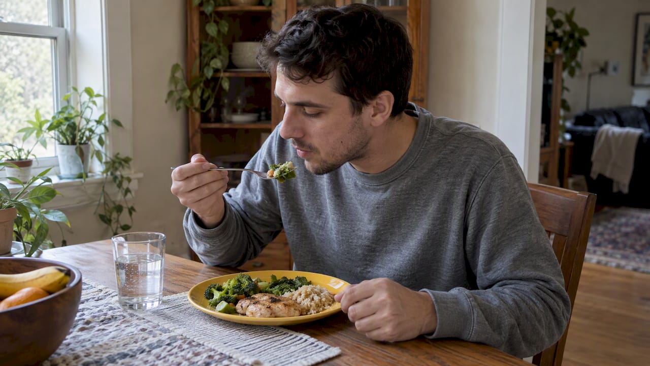 Adult eating an everyday meal at home