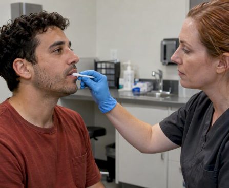 Collector taking a supervised oral fluid swab